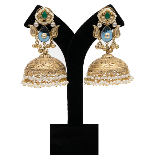 Traditional Gold Finish Green Stone Jhumka Earrings for Women